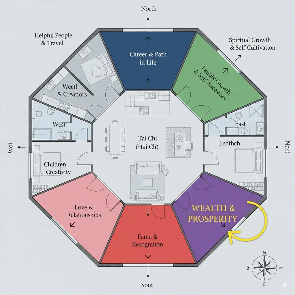 Bagua map showing southeast wealth corner location in home layout