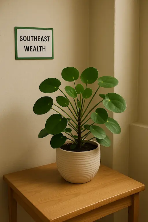 Chinese Money Plant placed in southeast wealth corner according to feng shui principles