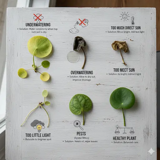 Chinese Money Plant leaf drop patterns showing different causes and solutions