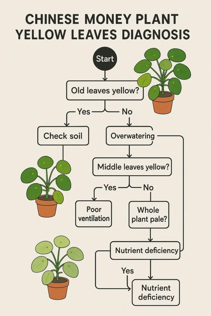 Chinese money plant yellow leaves diagnosis guide: aging, overwatering, poor ventilation, nutrient deficiency