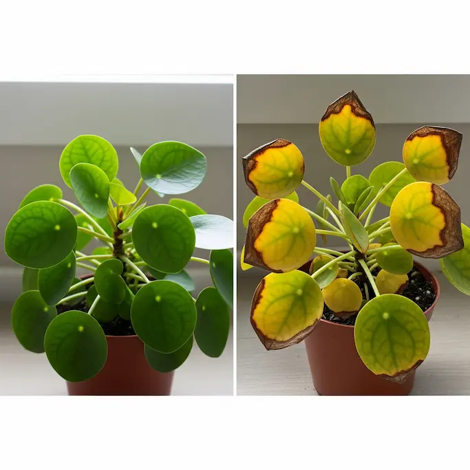 Comparison of Pilea in ideal indirect light vs direct sun damage